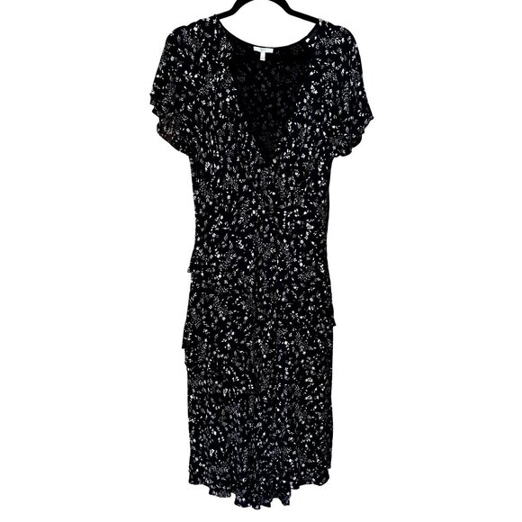 Joie Dresses & Skirts - Joie Orita Tiered Faux Wrap Black White Floral Midi Dress 10 Short Sleeve
